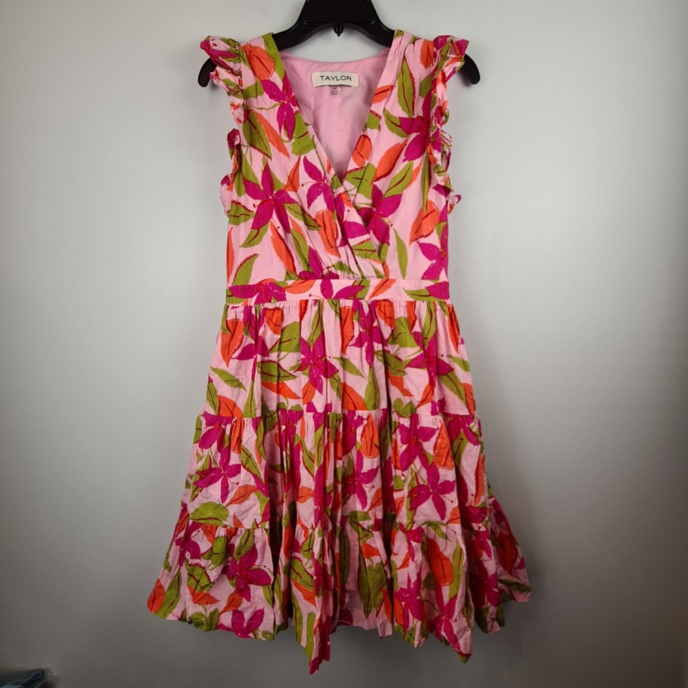 Taylor Pink Tropical Floral Ruffle Tiered Cotton Fit & Flare Dress Medium Lined